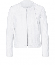 Stylish jacket in fine, pure white textured cotton - Soft yet durable, medium weight material has a chic, textured effect - On-trend, slim cut crops at hips - Long sleeves, full zip and round neck - Casually elegant, perfect for topping off dressy t-shirts and tanks or silk blouses - Pair with pencil skirts, wide leg trousers or cropped chinos