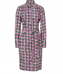 Luxe shirtdress in fine, pure printed silk - A summer stunner from knits maestro Sophie Theallet - Eye-catching, retro-modern purple, white and green print - Slim cut button down style with small collar - Long sleeves with oversize cuffs and belted tie waist - Straight skirt hits at knee - Pair with peep toe pumps, wedges or kitten heels Luxe shirtdress in fine, pure printed silk - A summer stunner from knits maestro Sophie Theallet - Eye-catching, retro-modern purple, white and green print - Slim cut button down style with small collar - Long sleeves with oversize cuffs and belted tie waist - Straight skirt hits at knee - Pair with peep toe pumps, wedges or kitten heels