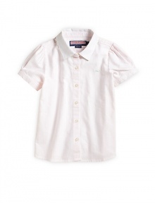 Soft stripes on cool cotton, with a button front silhouette and charming floral lined collar.Button front Short puffed sleeves Button front Embroidered whale logo Cotton; machine wash ImportedPlease note: Number of buttons may vary depending on size ordered. 