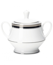 An instant classic, the Austin Platinum sugar bowl from Noritake layers ribbons of black, patterned platinum bands and shimmering dots in white fine china. An instant classic, the Austin Platinum sugar bowl from Noritake layers ribbons of black, patterned platinum bands and shimmering dots in white fine china.
