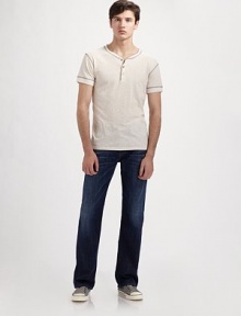 Pure comfort and never-ending style, cut with a relaxed, bootleg fit in remarkably soft 11-ounce denim. Five-pocket style Button fly Inseam, about 34 98% cotton/2% elastene Machine wash Made in USA Pure comfort and never-ending style, cut with a relaxed, bootleg fit in remarkably soft 11-ounce denim. Five-pocket style Button fly Inseam, about 34 98% cotton/2% elastene Machine wash Made in USA