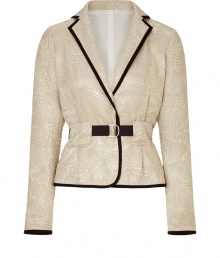 Bring a vivid metallic pop to your evening ensemble with this belted jacket from Schumacher - Notch collar, tailored fit with contrasting belt at waist, contrasting trim at collar, down front, at hem, and cuffs, thick belt loops - Wear with a sleek cocktail dress and heels, or slim flared trousers, a silk blouse, and platforms