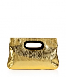Bring a high style kick to your cocktail look with this easy-to-style python embossed leather clutch from MICHAEL Michael Kors - Rectangular shape, cut-out handle with gold-toned metal trim, metallic gold python embossed leather - Style with a fitted sheath dress, a leather jacket, and platform pumps Bring a high style kick to your cocktail look with this easy-to-style python embossed leather clutch from MICHAEL Michael Kors - Rectangular shape, cut-out handle with gold-toned metal trim, metallic gold python embossed leather - Style with a fitted sheath dress, a leather jacket, and platform pumps