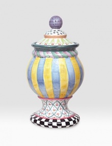 The center of attention whether filled with candy, potpourri or nothing at all in handcrafted ceramic, individually handpainted with delightfully mismatched patterns and colors. For an especially one-of-a kind touch, each piece bears the hand-placed stamps of the artisans who created it. Dishwasher- and microwave-safe 12-ounce capacity 14H X 8 diam. Made in USA The center of attention whether filled with candy, potpourri or nothing at all in handcrafted ceramic, individually handpainted with delightfully mismatched patterns and colors. For an especially one-of-a kind touch, each piece bears the hand-placed stamps of the artisans who created it. Dishwasher- and microwave-safe 12-ounce capacity 14H X 8 diam. Made in USA