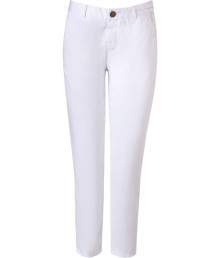 Stunning summer pants in white cotton - looks clean, fresh and pure - great for hot days on vacation, in the city - mega trendy 3/4 mid-calf length - typical chino cut, i.e. pretty casual, relaxed and comfortable cut -  pants have a slightly higher waist, belt loops, marked button closure - nice with the new wedge-heels (wedge heels make your legs look slender)