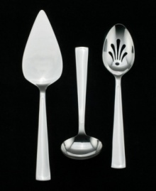 Softly angular, this unique flatware set features a gently dipped handle design with subtle embossed arches. Includes a cake server, gravy ladle and pierced tablespoon. Softly angular, this unique flatware set features a gently dipped handle design with subtle embossed arches. Includes a cake server, gravy ladle and pierced tablespoon.