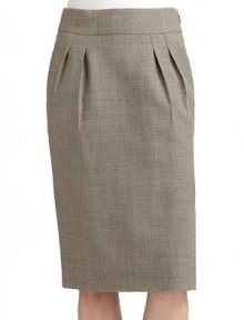 THE LOOKWide waistbandSide zipperPleated frontBack waist dartsBack button patch pocketSide slitTHE FITAbout 25 longTHE MATERIAL95% wool/5% other fibersCARE & ORIGINDry cleanMade in Italy