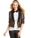 Glazed in metallic sequins, XOXO's three-quarter sleeve tuxedo blazer is all about high-end party style!