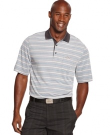 Keep your savvy on the links with this striped Greg Norman for Tasso Elba performance golf polo shirt featuring PlayDry technology.