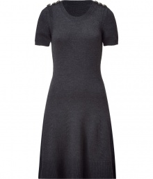 Work weeks get a military-chic edge with McQ Alexander McQueens grey heather knit dress, finished with buttoned epaulets and a feminine cut for results tailored to all season sass - Rounded neckline, short sleeves, fine ribbed trim, fitted top - Pair with opaque tights and sleek ankle boots