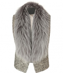 Inject ultra luxe attitude into your look with Matthew Williamsons glamorous fur trimmed gilet, cut to perfection for a stunning tailored finish - Grey raccoon fur shawl collar, hidden front fastenings, tonal boucl? knit vest, shorter back - Tailored fit - Team with close-fitting tops and slick leather separates Inject ultra luxe attitude into your look with Matthew Williamsons glamorous fur trimmed gilet, cut to perfection for a stunning tailored finish - Grey raccoon fur shawl collar, hidden front fastenings, tonal boucl? knit vest, shorter back - Tailored fit - Team with close-fitting tops and slick leather separates