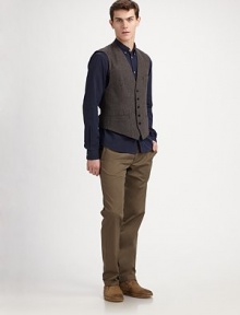 Set a new sartorial standard with this modern interpretation of the classic waistcoat, woven in fine wool with a colorblocked back. Buttonfront Decorative chest, waist pockets 80% wool/20% polyester Dry clean Imported Set a new sartorial standard with this modern interpretation of the classic waistcoat, woven in fine wool with a colorblocked back. Buttonfront Decorative chest, waist pockets 80% wool/20% polyester Dry clean Imported