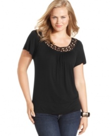 Be a cut above the rest in AGB's short sleeve plus size top, featuring an embellished neckline.