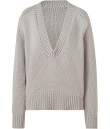 Cover up in ultra-luxe style with this chic sweater from Jil Sander - V-neck, long sleeves, ribbed cuffs and hem, oversized fit, slightly cropped - Style with leather leggings or skinny jeans, and platform booties