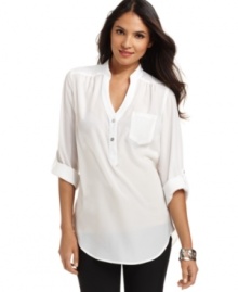 AGB's blouse features a chic band collar and shirrtail hem--perfect for pairing with slim pant styles!