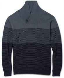 Handsome shawl sweater with fine horizontal fine stripes by Retrofit. Makes a great gift.