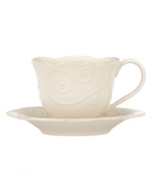 With fanciful beading and a feminine edge, this Lenox French Perle cup and saucer set is a great addition to your white dinnerware and has an irresistibly old-fashioned sensibility. Hard-wearing stoneware is dishwasher safe and, in a soft white hue with antiqued trim, a graceful addition to any meal. Qualifies for Rebate With fanciful beading and a feminine edge, this Lenox French Perle cup and saucer set is a great addition to your white dinnerware and has an irresistibly old-fashioned sensibility. Hard-wearing stoneware is dishwasher safe and, in a soft white hue with antiqued trim, a graceful addition to any meal. Qualifies for Rebate
