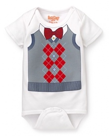 An dapper argyle and bow tie graphic prep up this basic Sara Kety bodysuit. An dapper argyle and bow tie graphic prep up this basic Sara Kety bodysuit.