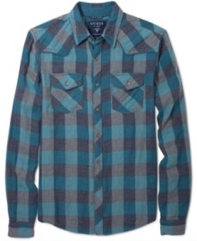 The perfect plaid shirt is an essential for every mans wardrobe, and Guess Jeans makes picking that perfect plaid easy with this handsome style. The perfect plaid shirt is an essential for every mans wardrobe, and Guess Jeans makes picking that perfect plaid easy with this handsome style.