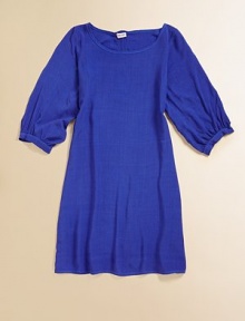 Puffed, three-quarter sleeves and a standout back zipper make this not-so-basic frock uniquely adorable.ScoopneckThree-quarter puff sleevesBack zipperRayonMachine washImported Puffed, three-quarter sleeves and a standout back zipper make this not-so-basic frock uniquely adorable.ScoopneckThree-quarter puff sleevesBack zipperRayonMachine washImported