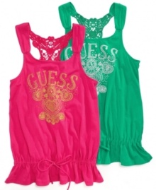 Looking stylish is a cinch when she's rocking this crochet-back tank from Guess. Looks great on its own or with a cozy cardigan on top. Looking stylish is a cinch when she's rocking this crochet-back tank from Guess. Looks great on its own or with a cozy cardigan on top.