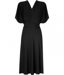 Stylish evening dress in rayon - elegant black - long, flowing cut - new midi length - stages the feminine silhouette - low V-neck, flowing sleeves, broad belt-like waistband - elastic spandex content, thus very nice and comfortable - a special dress for special moments (theater, cocktail party, opening night) - pair with high heels (strappy heels, cut-out pumps)