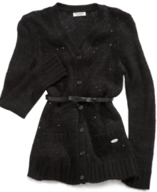 A forever-favorite for your stylish diva. Let her sparkle in this Guess cardigan, made complete with a few smatterings of light-catching sequins. A forever-favorite for your stylish diva. Let her sparkle in this Guess cardigan, made complete with a few smatterings of light-catching sequins.