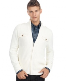 Be a soldier of style in this sleek Kenneth Cole Reaction military sweater. Be a soldier of style in this sleek Kenneth Cole Reaction military sweater.