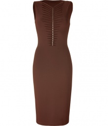 Turn heads with this sexy chocolate-brown dress in stretch synthetic fabric - Strategically placed cuts from neckline to waist make it revealing while still maintaining sophistication - Sleeveless with wide straps - Body-hugging silhouette - Hem falls at knee length - Pair for a party with a thin leather jacket, stacked heels and a clutch