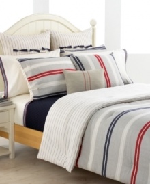 Show your stripes! Featuring a yarn-dyed herringbone and twill weave in stripes of navy, red and ivory, the Tommy Hilfiger Newport Bay comforter set renews your bed in classic American style. Reverses to navy pinstripe print. Shams feature side button closure.