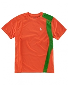 Channel cool, sporty style in a pieced athletic tee, crafted from soft, light-as-air microfiber for a comfortable fit during active endeavors. Channel cool, sporty style in a pieced athletic tee, crafted from soft, light-as-air microfiber for a comfortable fit during active endeavors.