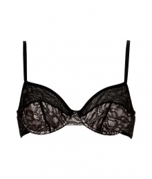 Luxe bra in fine nylon silk and stretch blend - A sultry, stylish must from luxury label Kiki de Montparnasse - Elegant black and champagne colorblock lace detail, sleek black piping - 3/4 cups, slim straps - Flexible underwire, ample coverage ideal for larger busts - Wear beneath just about anything and pair with matching brief or thong