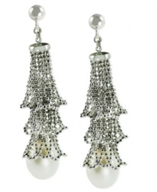 Layered elegance. These earrings, crafted from sterling silver with a rhodium finish, feature cultured freshwater pearls (10-11 mm) for a stylish touch. Approximate drop length: 2 inches. Approximate drop width: 1/2 inch.
