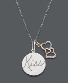 Make your feelings known in this loveable style by Treasured Hearts. A charming circle features the word Kiss while sparkling, diamond-coated hearts (1/10 ct. t.w.) add a touch of shine. Crafted in 14k gold and sterling silver. Approximate length: 18 inches. Approximate drop: 1 inch. Make your feelings known in this loveable style by Treasured Hearts. A charming circle features the word Kiss while sparkling, diamond-coated hearts (1/10 ct. t.w.) add a touch of shine. Crafted in 14k gold and sterling silver. Approximate length: 18 inches. Approximate drop: 1 inch.