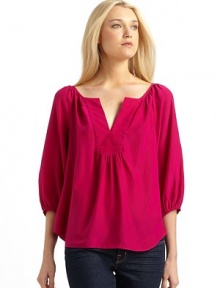 THE LOOKNotched V neckline¾ sleeves with elastic cuffsShirttail hemTHE FITAbout 22 from shoulder to hemTHE MATERIALSilkCARE & ORIGINDry cleanMade in USA