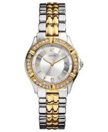 Captivating in two-tones, this steel watch from GUESS sparkles with crystal accents.