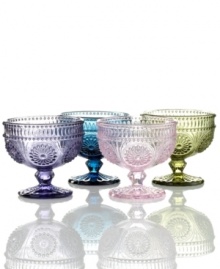 Past meets present. Raised medallions and fluted accents in assorted jewel tones make Modern Vintage dessert bowls a standout at the table and on display. From the Godinger serveware collection. Past meets present. Raised medallions and fluted accents in assorted jewel tones make Modern Vintage dessert bowls a standout at the table and on display. From the Godinger serveware collection.