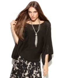 INC's elegant petite pointelle-knit sweater creates a dramatic look with just a hint of skin and flowing kimono sleeves!