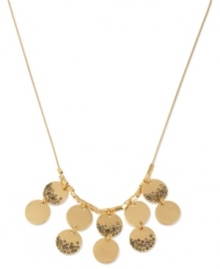 Roundabout fashion. Kenneth Cole New York's frontal necklace is crafted from gold-tone mixed metal and features discs with pave glass crystal accents, as well as rectangle beads, for a stylish twist. Approximate length: 16 inches + 3-inch extender. Approximate drop: 1 inch. Roundabout fashion. Kenneth Cole New York's frontal necklace is crafted from gold-tone mixed metal and features discs with pave glass crystal accents, as well as rectangle beads, for a stylish twist. Approximate length: 16 inches + 3-inch extender. Approximate drop: 1 inch.