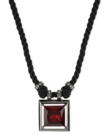 Dark tones dazzle in this pendant from Kenneth Cole New York. Dangling from a twisted cord is a square pendant crafted from hematite-tone mixed metal with a red faceted stone at the center for a bold statement. Approximate length: 18 inches + 3-inch extender. Approximate drop: 2 inches. Dark tones dazzle in this pendant from Kenneth Cole New York. Dangling from a twisted cord is a square pendant crafted from hematite-tone mixed metal with a red faceted stone at the center for a bold statement. Approximate length: 18 inches + 3-inch extender. Approximate drop: 2 inches.