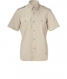 This military-inspired button down brings spring-ready ease to your casual ensembles - Small spread collar, epaulets, short sleeves, two flap chest pockets, asymmetrical curved hem, back pleat detail - Wear with straight leg jeans or chinos and trainers This military-inspired button down brings spring-ready ease to your casual ensembles - Small spread collar, epaulets, short sleeves, two flap chest pockets, asymmetrical curved hem, back pleat detail - Wear with straight leg jeans or chinos and trainers