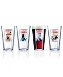 A taste of nostalgia with every pint! Guinness pub glasses featuring four brilliant, animal-centric advertising prints invite you to exclaim, My Goodness, My Guinness! while savoring the legendary stout. Fun gift for beer enthusiasts and collectors. A taste of nostalgia with every pint! Guinness pub glasses featuring four brilliant, animal-centric advertising prints invite you to exclaim, My Goodness, My Guinness! while savoring the legendary stout. Fun gift for beer enthusiasts and collectors.