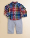 A classically preppy set includes a madras button-down shirt
