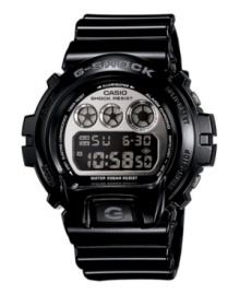 Dress up your G-Shock style with this bold, mirrored face. Metallic black resin strap and round case. Shock-resistant and mirrored negative display digital dial features EL backlight, flash alert, multi-function alarm, stopwatch, countdown timer and 12/24-hour formats. Digital movement. Water resistant to 200 meters. One-year limited warranty.