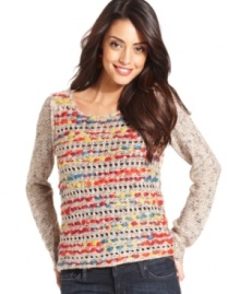 Colorful woven yarn adds a bright splash of color to this Kensie sweater -- perfect for crafty-chic style!