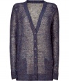 Luxe navy multicolor V-neck long cardigan from Theyskens Theory - Add a lavish accent to your cold-weather look with this stunning cardigan  - Multicolor knit, V-neck, long slim silhouette, two front pockets, button front placket - Style with skinny jeans, a deconstructed blouse, and platform wedges
