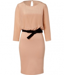 With a rosy muted hue and an elegant silhouette, this combo dress from Moschino C&C will add ladylike chic to your workweek style - Semi-sheer blouson top with round neck, and fitted solid underlay, three-quarter sleeves, black grosgrain bow belt, fitted knit skirt, concealed back zip closure - Style with classic pumps and a statement satchel With a rosy muted hue and an elegant silhouette, this combo dress from Moschino C&C will add ladylike chic to your workweek style - Semi-sheer blouson top with round neck, and fitted solid underlay, three-quarter sleeves, black grosgrain bow belt, fitted knit skirt, concealed back zip closure - Style with classic pumps and a statement satchel