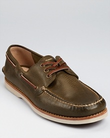 Set yourself up in style with time-honored classic boat shoes from Frye, rendered in rich, burnished olive leather and featuring traditionally decorative laces and stitching. Set yourself up in style with time-honored classic boat shoes from Frye, rendered in rich, burnished olive leather and featuring traditionally decorative laces and stitching.