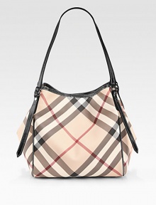 Stash your necessities in this demure PVC tote, finished with iconic check print and contrast trim for a signature touch.Double top handles, 7 drop Magnetic top closure Protective metal feet One inside zip pocket Cotton lining 10W X 11H X 6D 90% PVC/10% cotton Imported Stash your necessities in this demure PVC tote, finished with iconic check print and contrast trim for a signature touch.Double top handles, 7 drop Magnetic top closure Protective metal feet One inside zip pocket Cotton lining 10W X 11H X 6D 90% PVC/10% cotton Imported