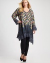 EXCLUSIVELY AT SAKS.COM. Lengthy, silk v-neck in a playful floral print, finished with semi-sheer lace trim and an asymmetrical hem. V-neckLong sleevesSemi-sheer lace cuffsSemi-sheer lace hemAbout 37 from natural waistSilkMachine washImported